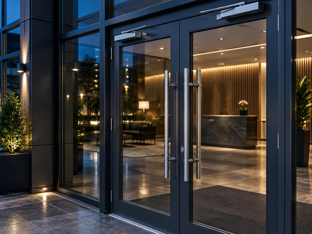Commercial glass entrance with metal handles and door closers
