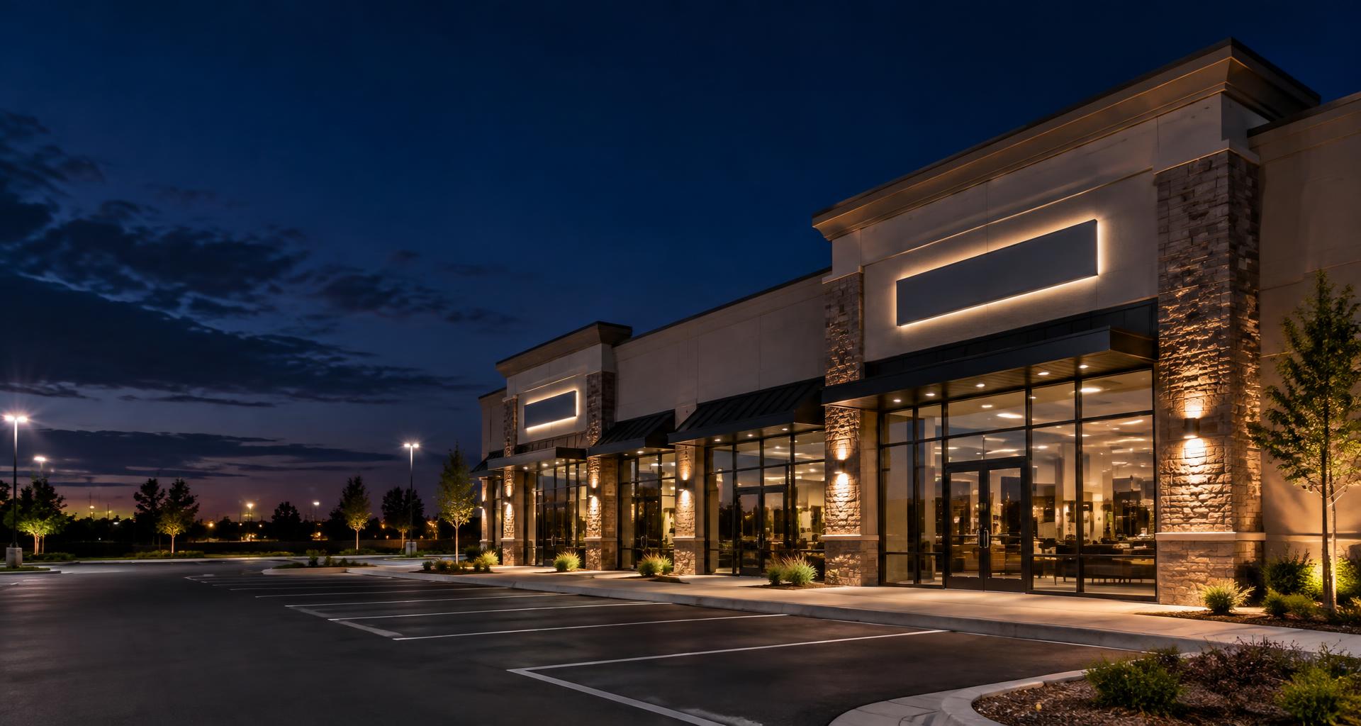Commercial storefront and parking area serviced by Night Owls Service