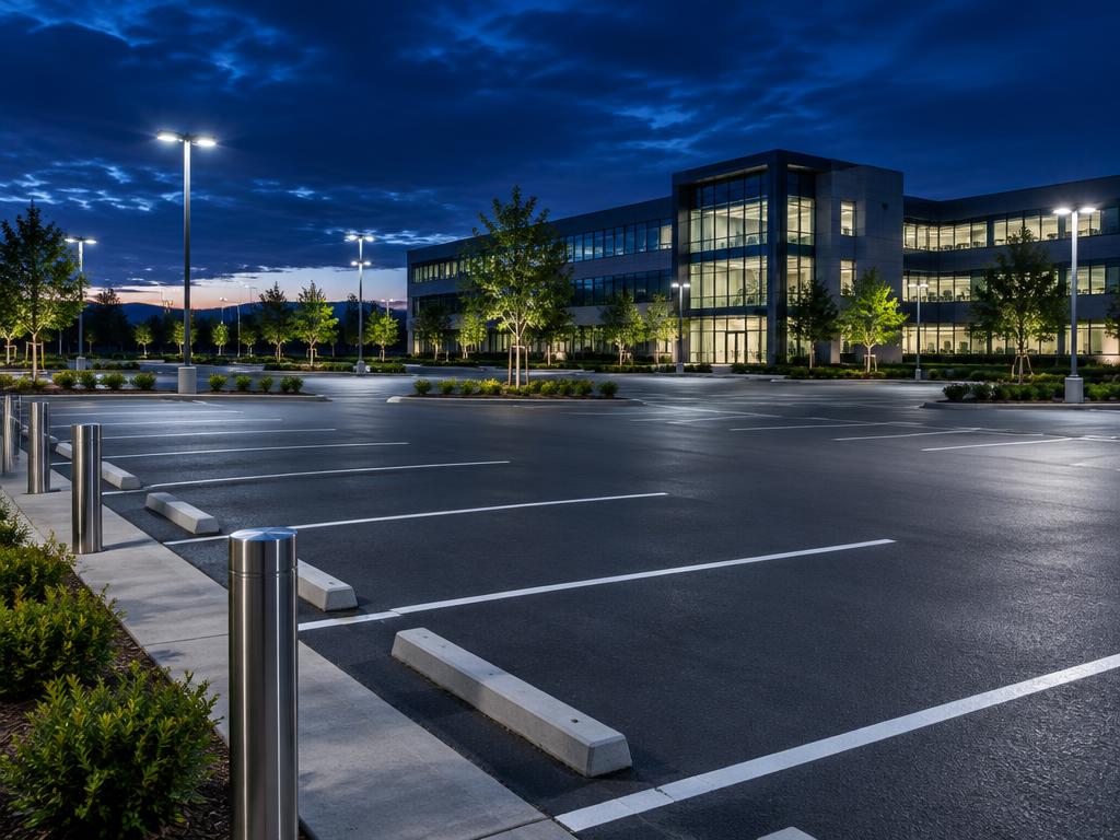Clean commercial parking lot with clear markings, wheel stops, and bollards